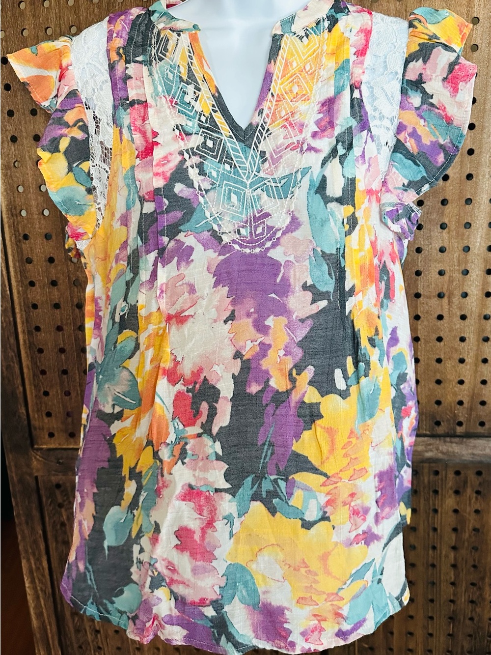 Spense Multicolor Floral Lace-Trim V-Neck Tunic - Purple, Yellow, Teal, Pink SP